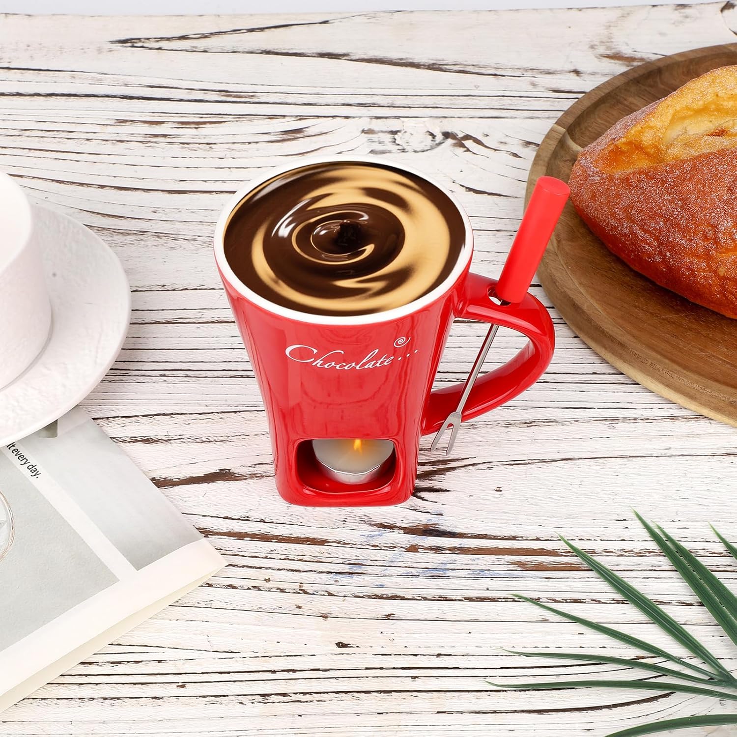 Chocolate Fondue Cup Set, Ceramic Sweet Melting Mug Tealight, Mini Fondue Pot Kit With Fork & Candle, Candy Warmer For Cheese Desserts Perfect For Date Nights Valentines Birthday Wedding Gift (Red)