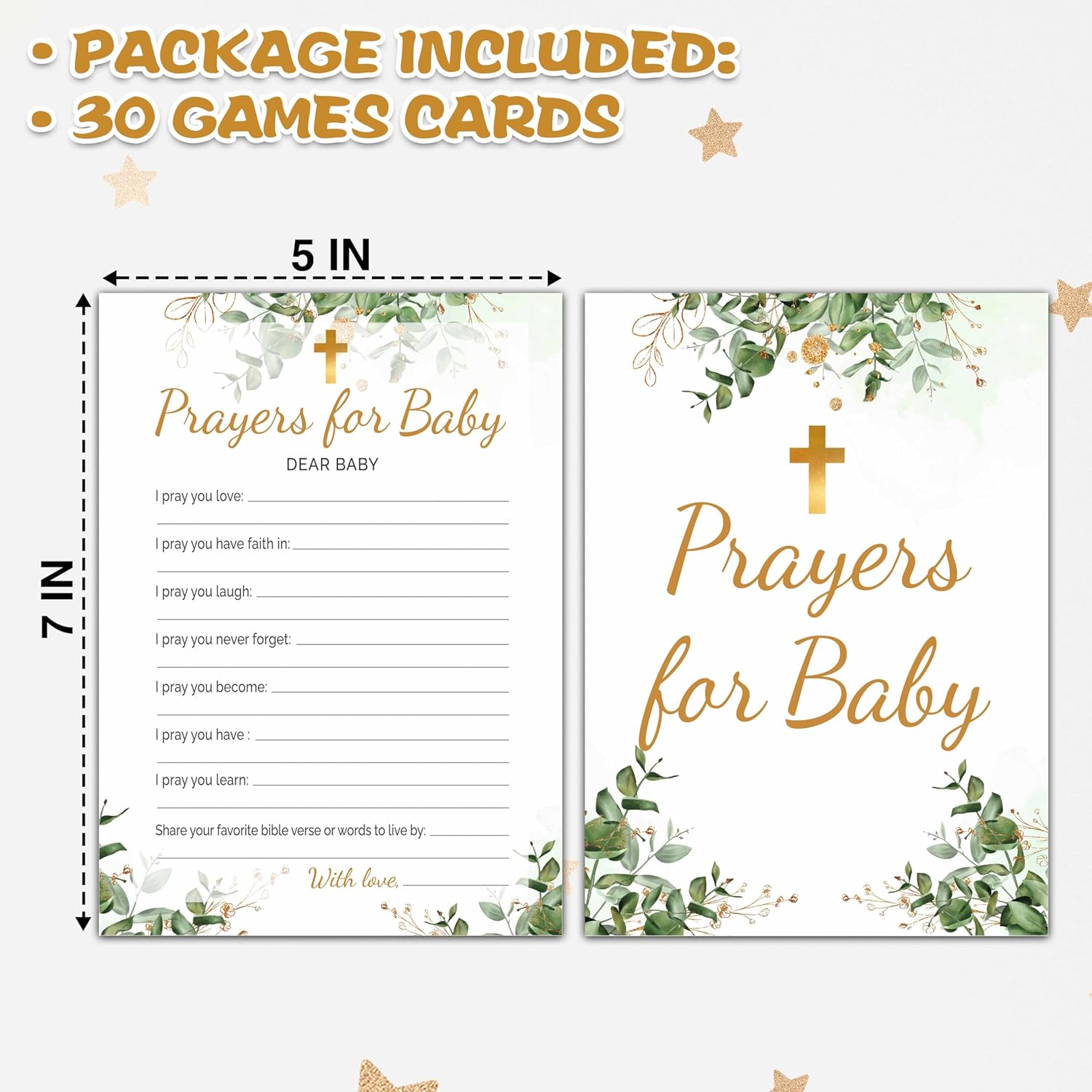 Eucalyptus Baptism Games, Prayers For Baby Game, Gold Foil Greenery Theme First Holy Communion Religious Party Games, Baby Shower Party Activities & Gender Reveal Party Decorations -30 Game Cards(01)