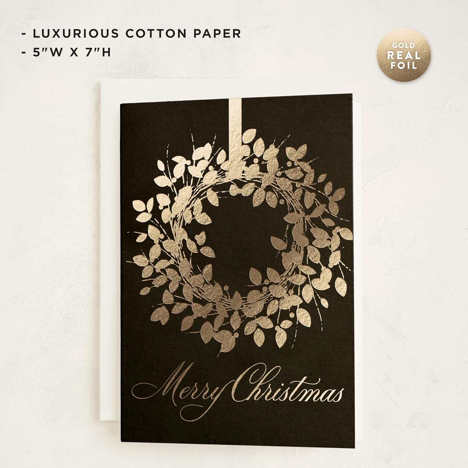 Classic Wreath Christmas Cards, 8 Cards With Envelopes, Folded 5X7 Holiday Greeting Card With Gold Foil Wreath Design, Luxurious Paper, Interior Message Included, Christmas Stationery