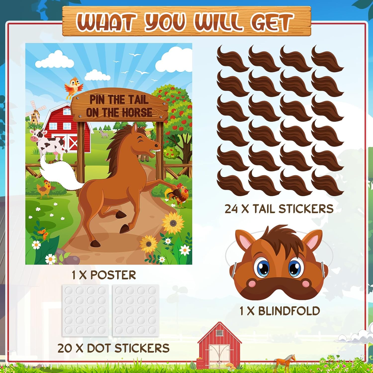 Farm Animal Games Pin The Tail On The Animals Barn Birthday Party Decorations Farm Poster Games With 24 Stickers Eye Mask For Family Activities Birthday Party Decor Supplies(Horse)