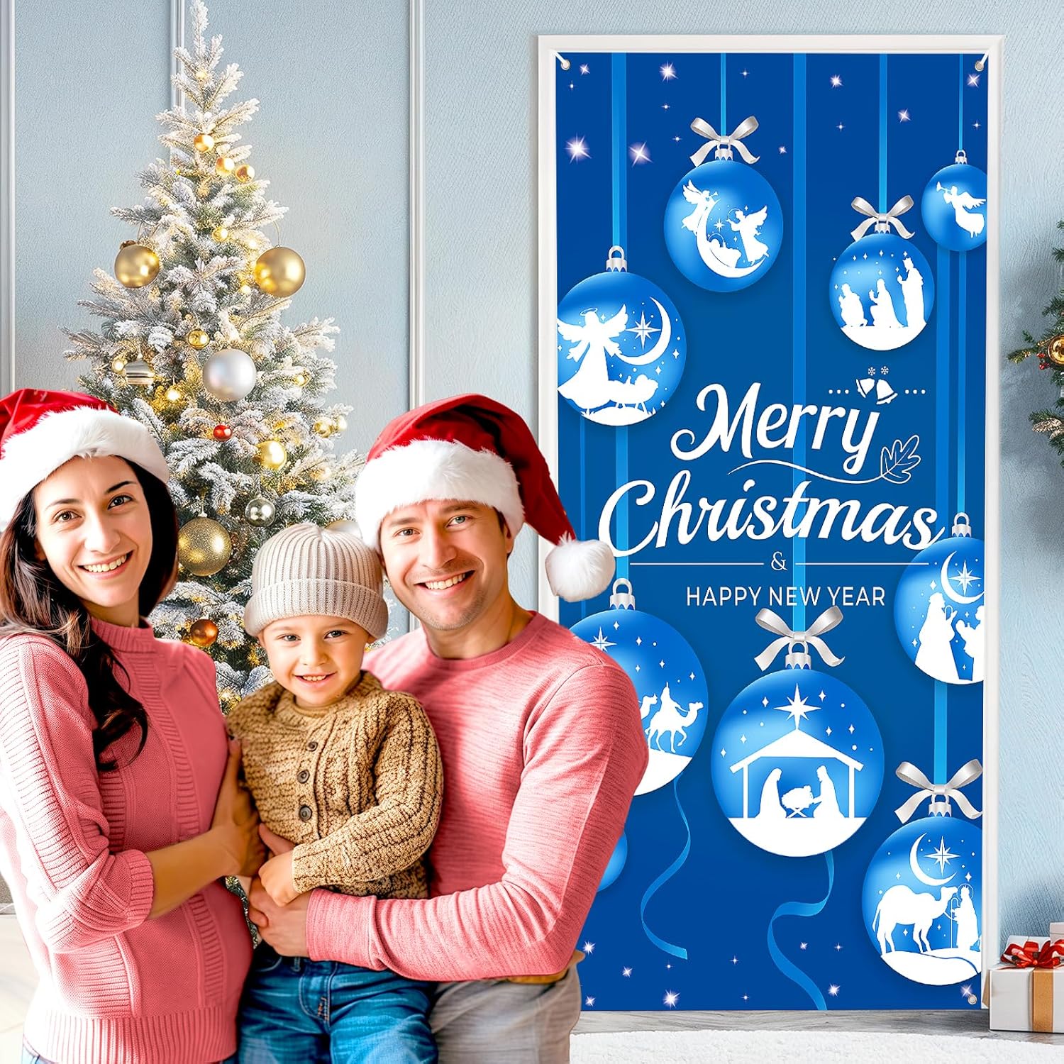 Merry Christmas Nativity Door Cover Decorations, Blue Religious Christmas Ball Door Cover Banner Holy Nativity Christmas Door Banner Happy New Year Banner For Religious Christmas New Year Party Decor