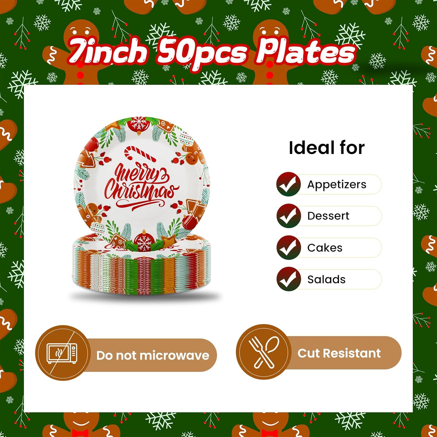 7 Inch Christmas Party Paper Plates Disposable 50 Pcs Merry Christmas Holiday Dinner Plates Dessert Plates Party Decorations