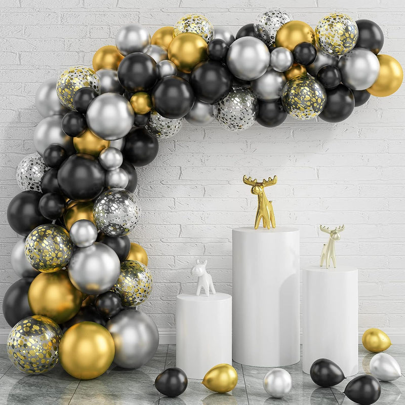 100Pcs Balloon Arch Kit, Black Gold Silver Balloon Garland Backdrop In