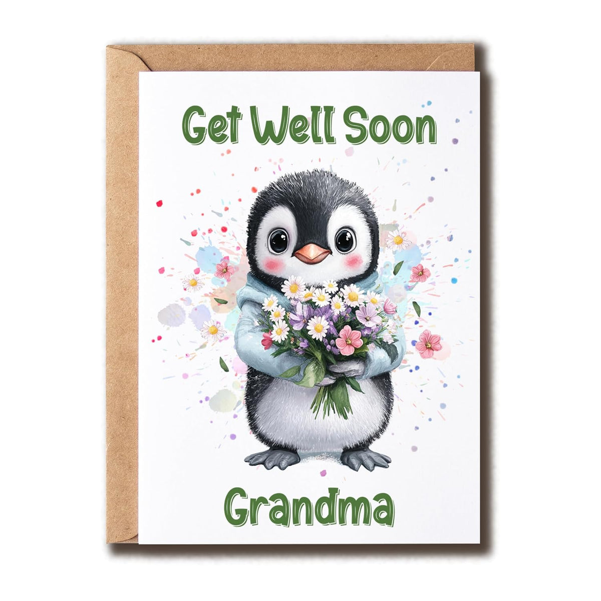 Get Well Soon Grandma Card - Penguin Get Well Card - Feel Better Card - Penguin Holding Flower Card - Greeting Card - Speedy Recovery Card