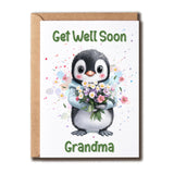 Get Well Soon Grandma Card - Penguin Get Well Card - Feel Better Card - Penguin Holding Flower Card - Greeting Card - Speedy Recovery Card