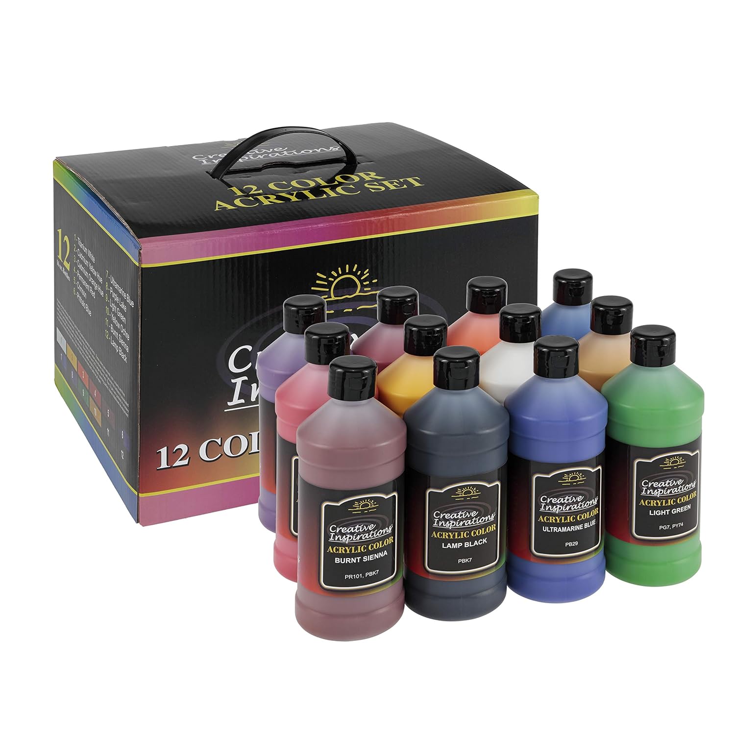 Acrylic Paint Set - Set Of 12, 16Oz Bottles - Mixed Vivid Colors, Rich Satin Finish, Smooth Creamy Consistency, Easy Pour & Clean, Vibrant Colors