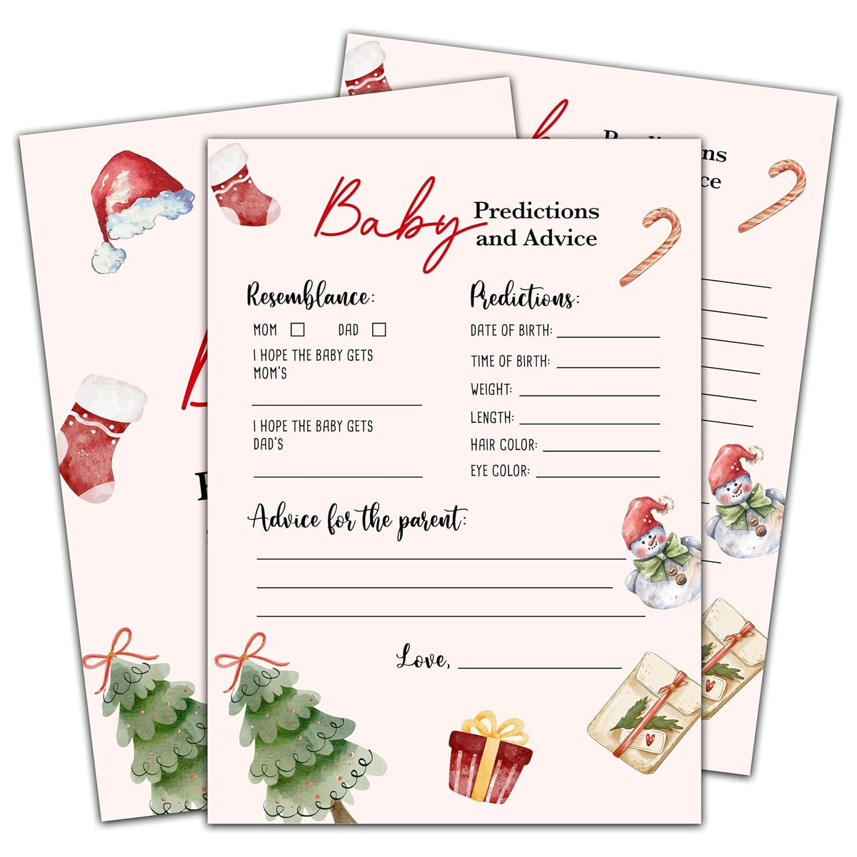 Christmas Baby Shower Game - 30 Double Side Baby Prediction And Advice Game Cards - Winter Gender Neutral Baby Shower Party Decorations Supplies Favors - B03