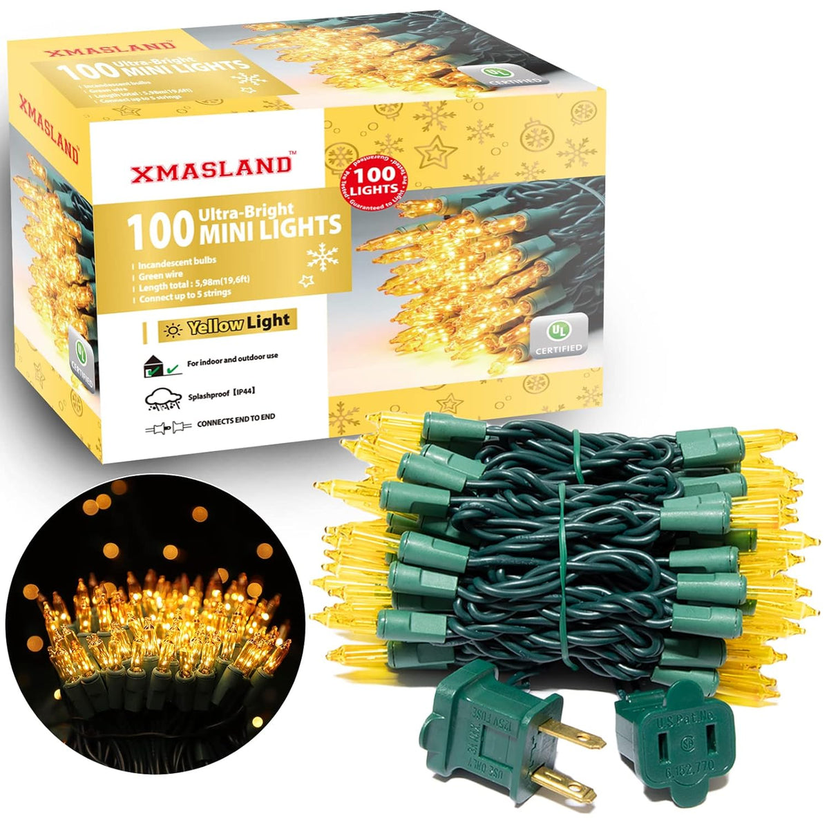 Ultra-Bright Connectable Yellow Christmas Light Set 100Count 19.6Feet Incandescent Bulb Mini String Light For Indoor Out