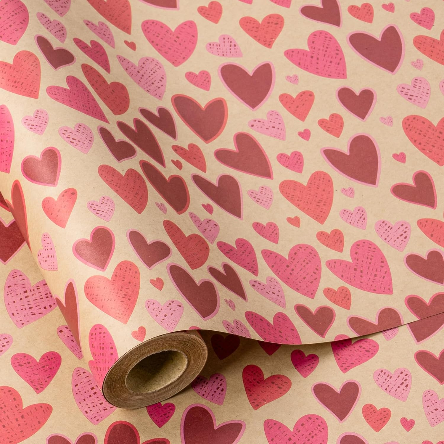 Kraft Valentine’S Day Wrapping Paper Roll, Mini Roll, Red And Pink Heart Design, Romantic Gift Wrap Paper For Valentine'S Day, Wedding, Anniversary, Birthday, 17 Inches X 16.4 Feet
