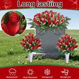 3 Sets Artificial Cemetery Flowers For Grave,Headstone Flower Saddle With 2 Memorial Rose Bouquets With Vases For Grave Tombstone Decorations (Red)