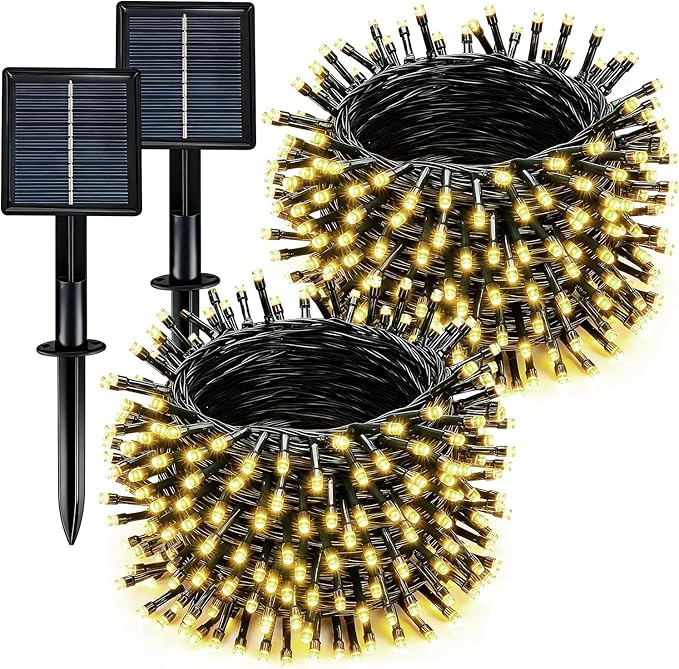 2 Pack Solar Fairy String Lights 66FT 200 LED Warm White Outdoor Waterproof Twinkle Lights with 8 Lighting Modes for Patio Garden Yard Wedding Party Tree Decor