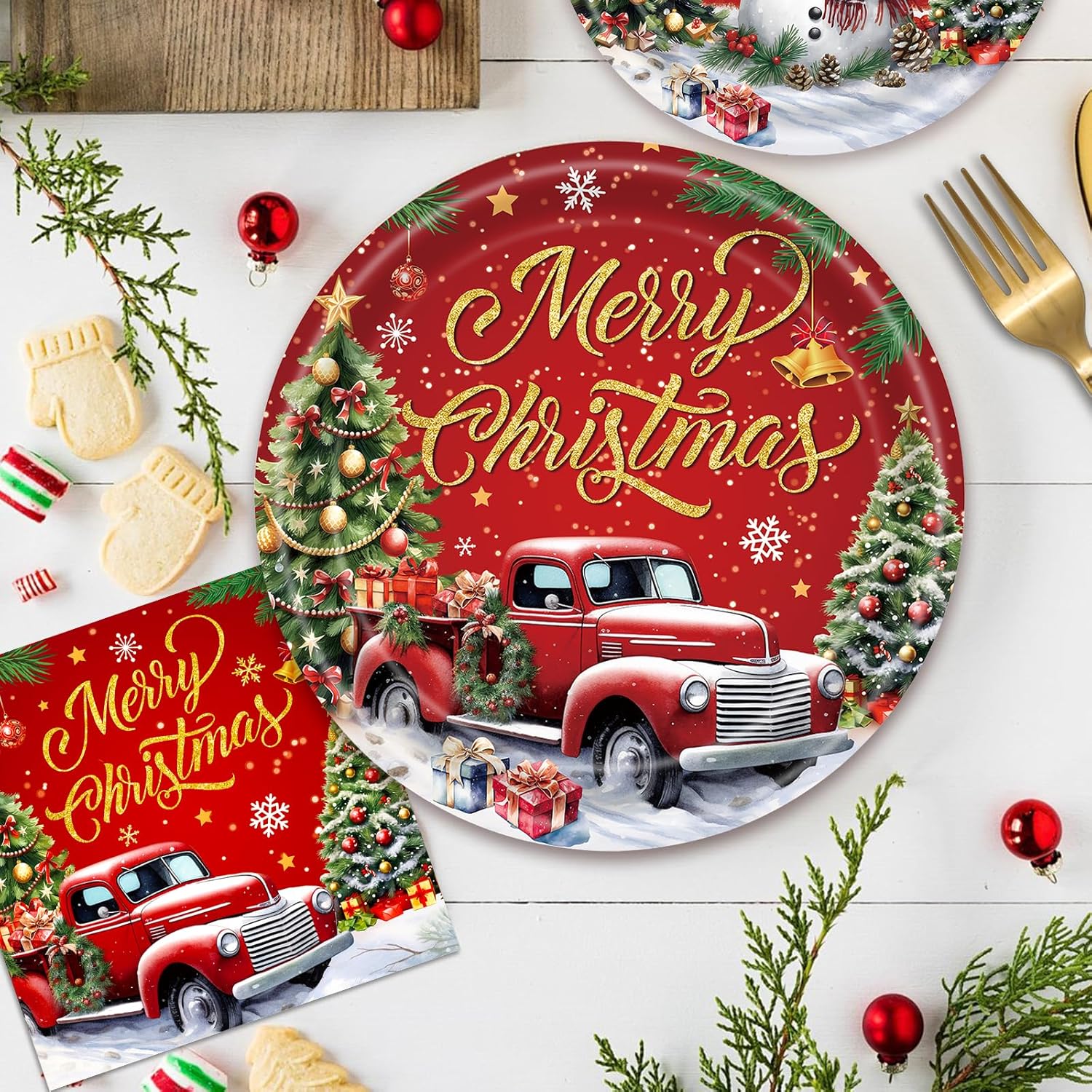 96 Pieces Merry Christmas Paper Plates And Napkins Tableware Set, Snowman Truck Christmas Tree Disposable Dinnerware With Paper Plates Napkins Forks For Xmas Winter Holiday Party Supplies - Serves 24