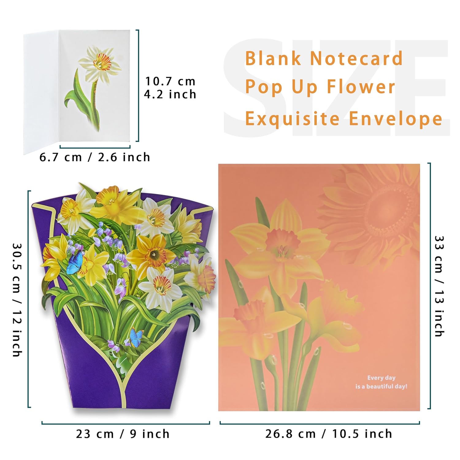 Flower Pop Up Card For Birthday, 12'' 3D Bouquet Greeting Cards With Blank Notecard And Exquisite Envelope, Paper Flower Thank You Card For Women Girls (Narcissus)