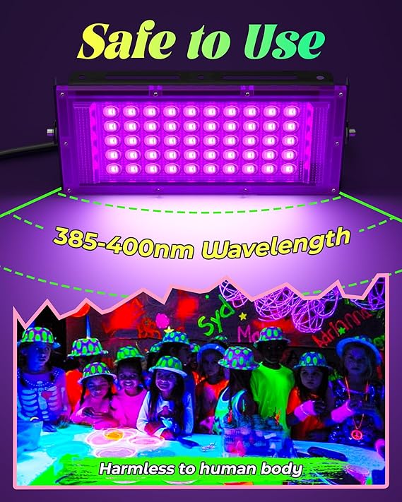 2 Pack 50W LED Black Light Flood Light IP66 Waterproof UV Glow Party Outdoor Neon Halloween Lighting