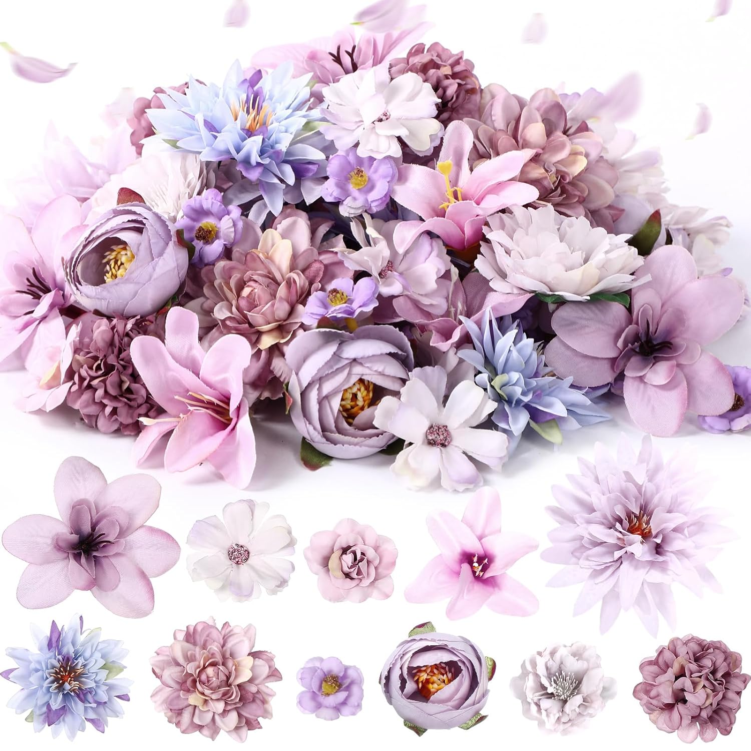 80 Pcs Assorted Fake Flower Heads Mini Artificial Flower Heads Bulk Silk Faux Daisy For Crafts Fake Peony Rose For Wedding Party Wreath Home Decoration(Purple)