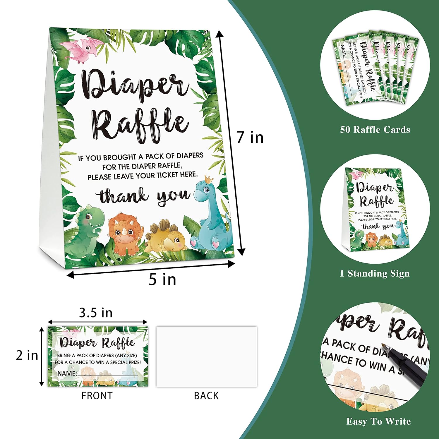Diaper Raffle Baby Shower Game Set(1 Standing Sign + 50 Finding Cards), Dinosaur Theme Diaper Raffle Tickets For Baby Shower, Safari Jungle Gender Reveal Party Favor Decor - A19