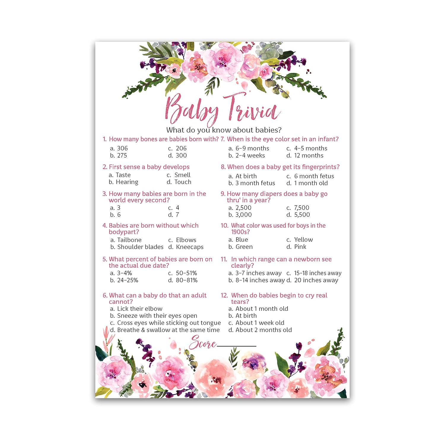 Girl Baby Shower Games — Baby Trivia Game — 25 Guests, Fun Facts Pink Floral Flowers, Garden Boho Chic Gender Reveal Party Couple Shower Activityg140-Trv-1