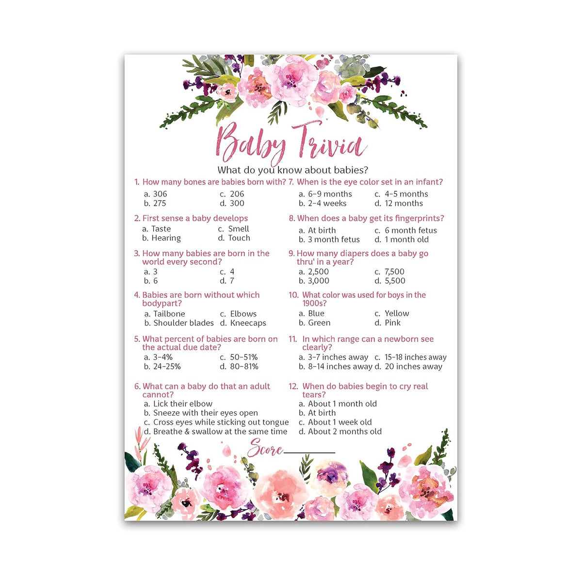Girl Baby Shower Games — Baby Trivia Game — 25 Guests, Fun Facts Pink Floral Flowers, Garden Boho Chic Gender Reveal Party Couple Shower Activityg140-Trv-1