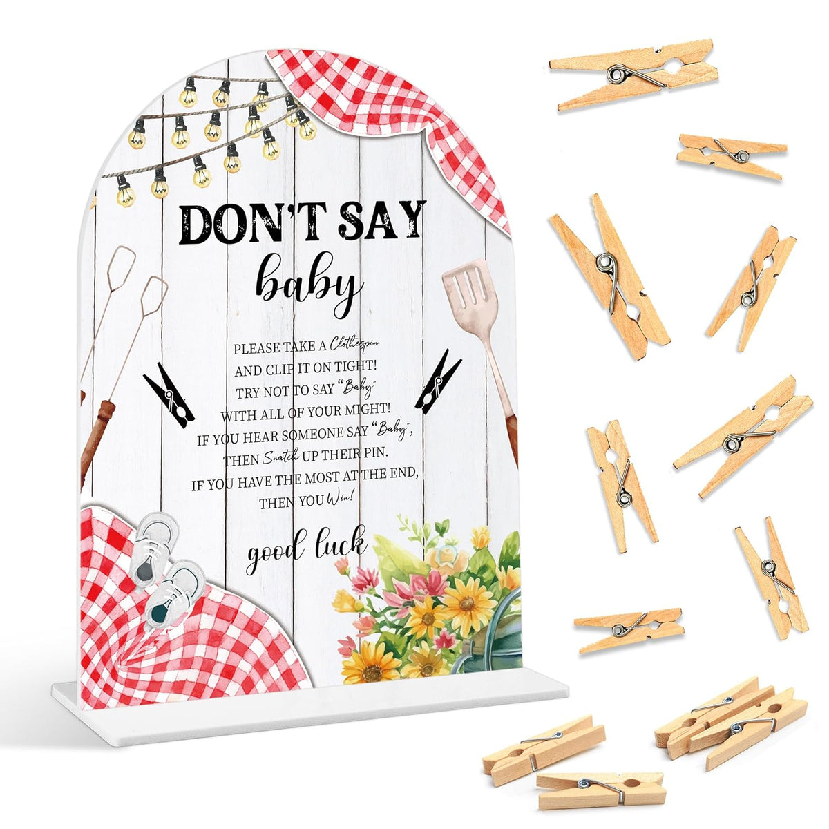Baby Shower Games - Bbq Don'T Say Baby Clothespin Game, 1 Arch Acrylic Sign And 50 Mini Clothespins, Gender Reveal Game, Backyard Baby Shower Decoration Supplies (Gxb06)
