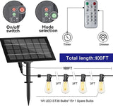 100FT Solar Powered ST38 String Lights with Remote Weatherproof Shatterproof Patio Lights