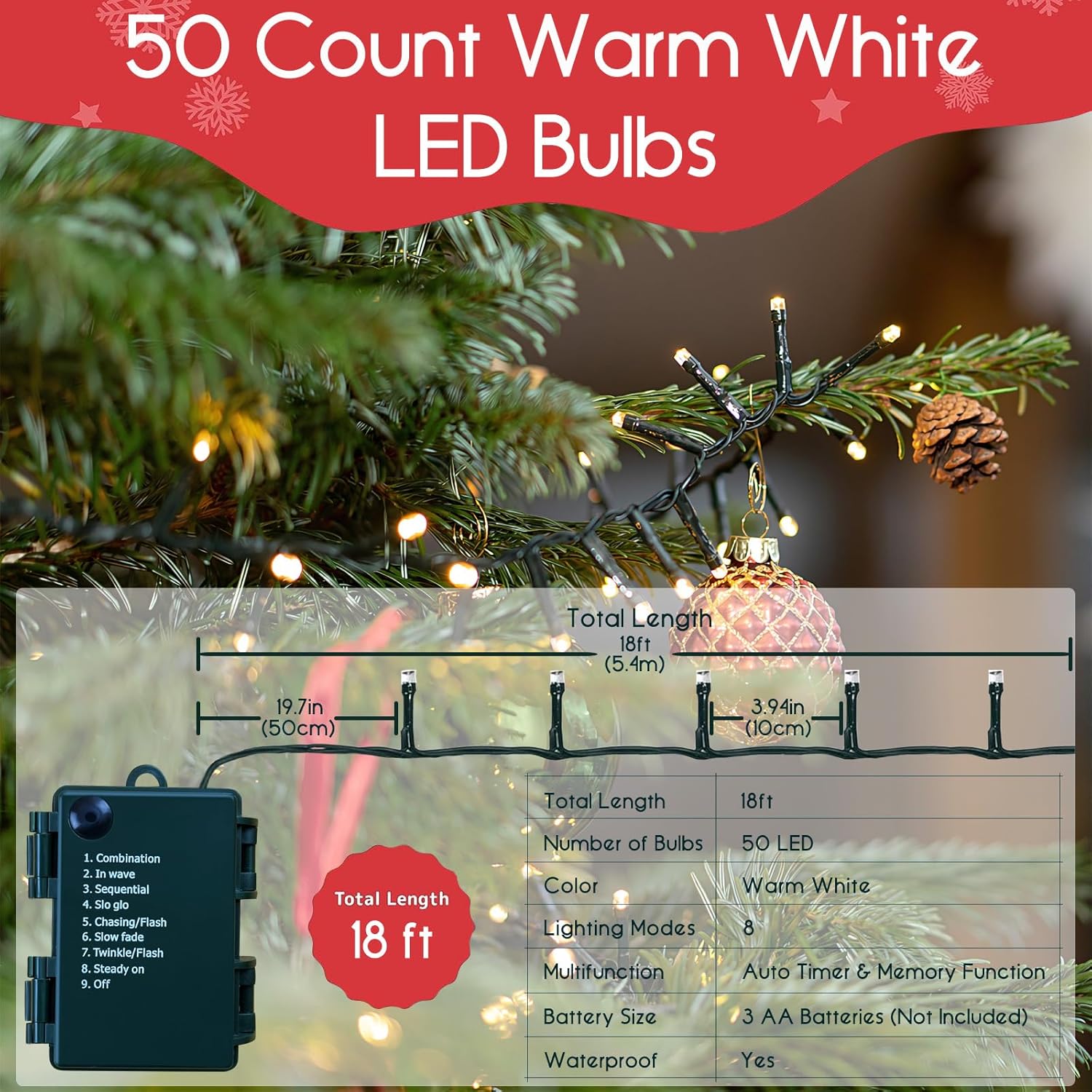 Battery Operated Christmas Lights - 50 Led Mini Lights With Auto Timer, 8 Modes, Warm White