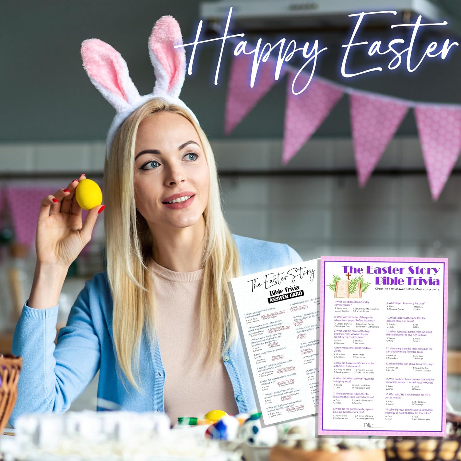 Easter Story Game Kit - 20 Pcs Easter Bible Trivia Game Cards With 1 Answer Card For Teens Adults, Easter Party Family Easter Religious Activity School Sunday Activities Favors (Pink) - A01