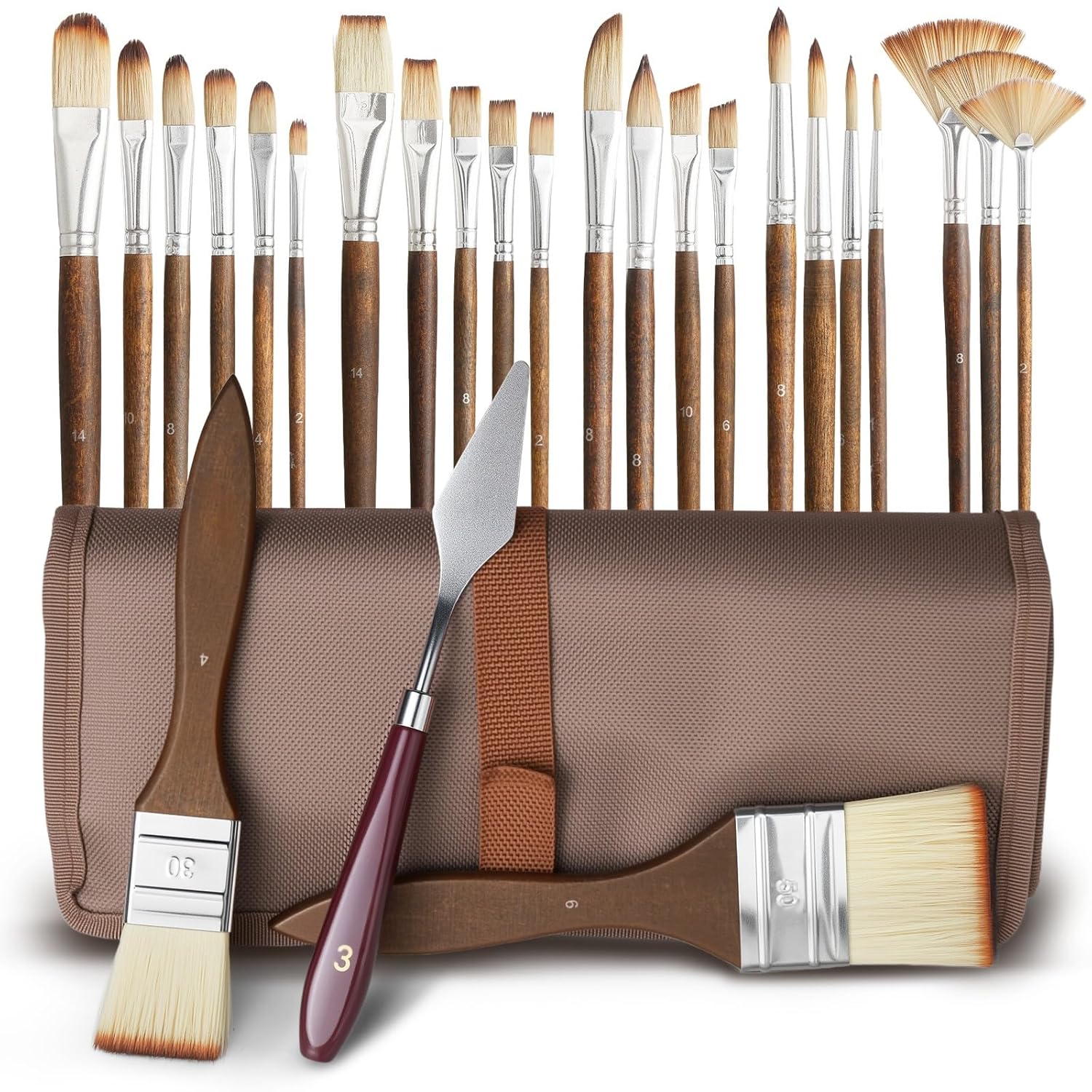 25 Pcs Paint Brush Set For Acrylic Painting,Oil Paint Brushes Soft Elastic Bristles With Excellent Paint Pickup, 2 Flat Brushes, 1 Palette Knife + Fabric Storage Bag