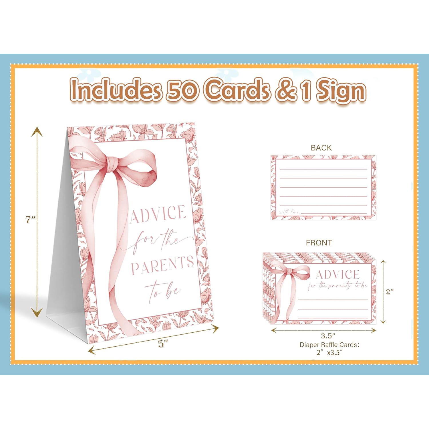 Pink Bow Baby Shower Games, 1 Baby Shower Sign And 50 Baby Shower Advice Cards, Gender Reveal Gifts For Parents To Be, Baby Shower Decor For Baby Shower And Gender Reveal Party, Baby Shower Gifts-6