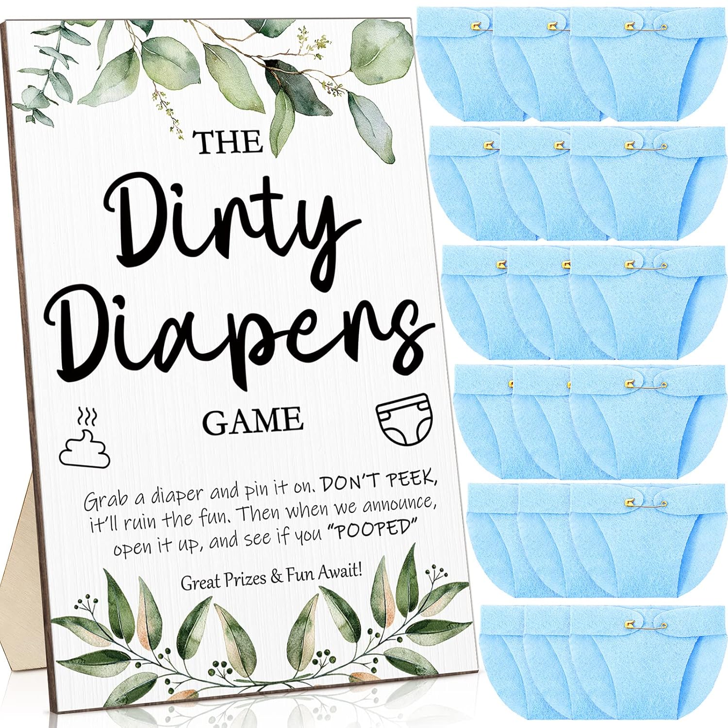 51 Pcs Dirty Diaper Baby Shower Games Funny Wooden Sign With 50 Pcs Mini Diapers Cute Felt For Gender Reveal Party Baby Shower(Greenery Blue)