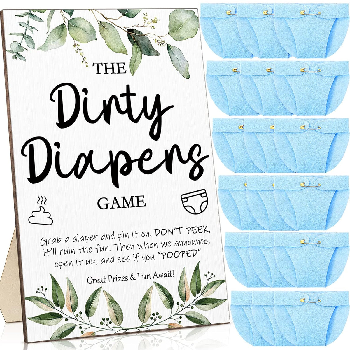 51 Pcs Dirty Diaper Baby Shower Games Funny Wooden Sign With 50 Pcs Mini Diapers Cute Felt For Gender Reveal Party Baby Shower(Greenery Blue)