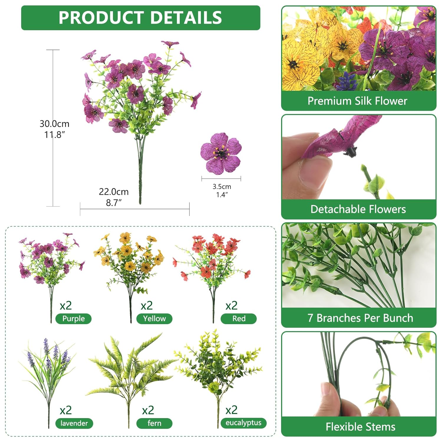 Artificial Fake Flowers Plants Outdoors Spring Decor, Faux Flowers Silk Daisy Eucalyptus Plants Uv Resisitant For Outside Planter Pot Front Porch Garden Patio Decoration(12 Bundles)
