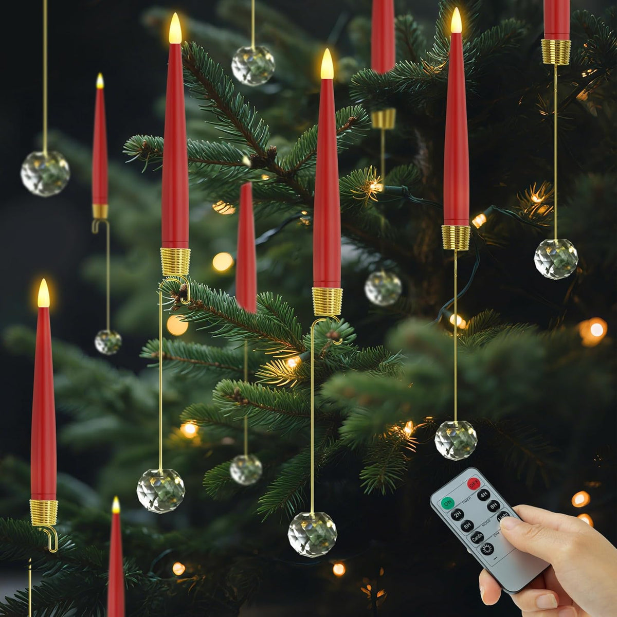 Christmas Tree Candles With Remote, Red Battery Operated Christmas Candles, Led Candlesticks With Crystal Ornaments For Xmas Tree, Flickering Flameless Taper Candle For Home, Party Decor, 12 Pcs