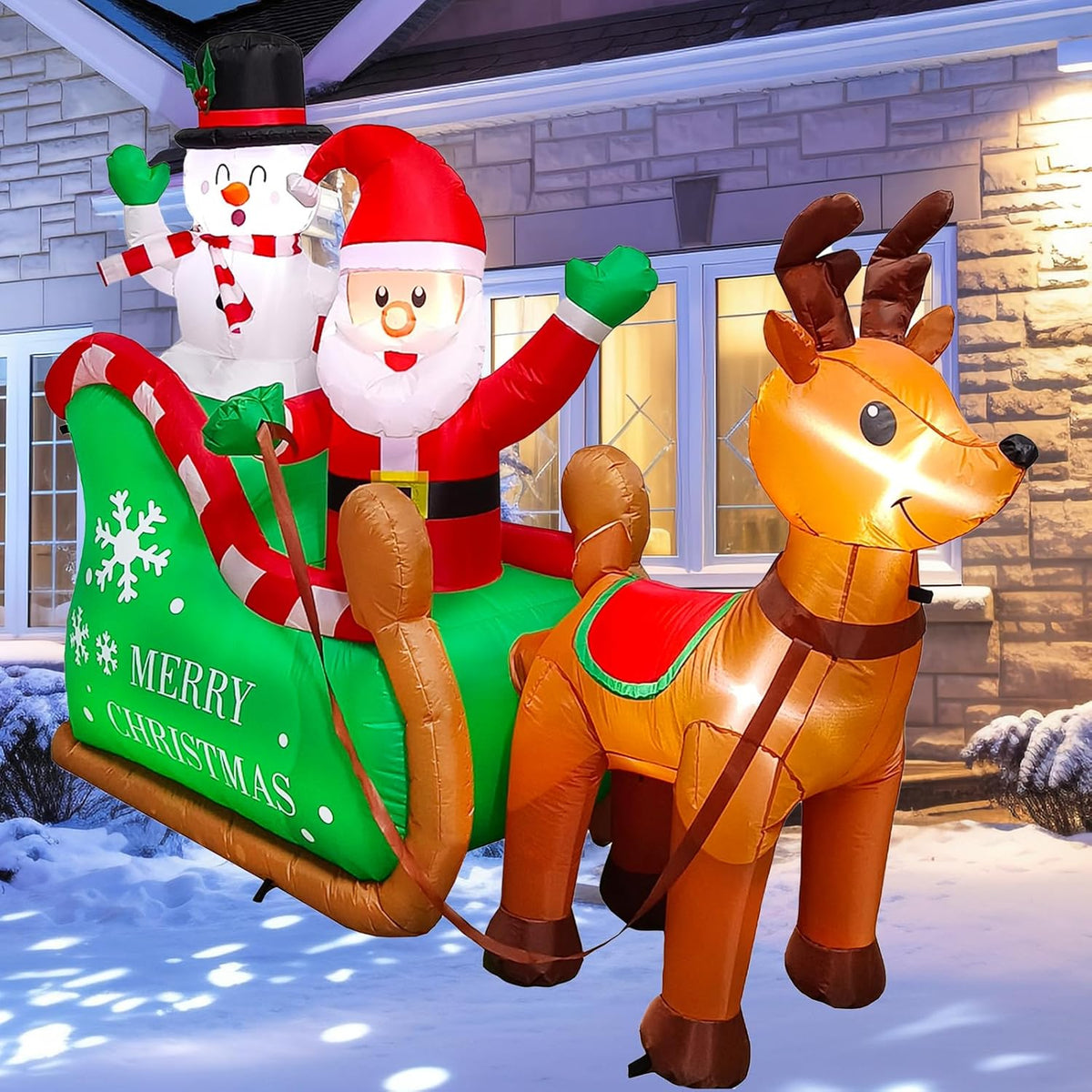 7.2 Ft Long Christmas Inflatables Santa Claus On Sleigh With Snowman & Reindeer, Leds Build-In Blow Up Christmas Yard In