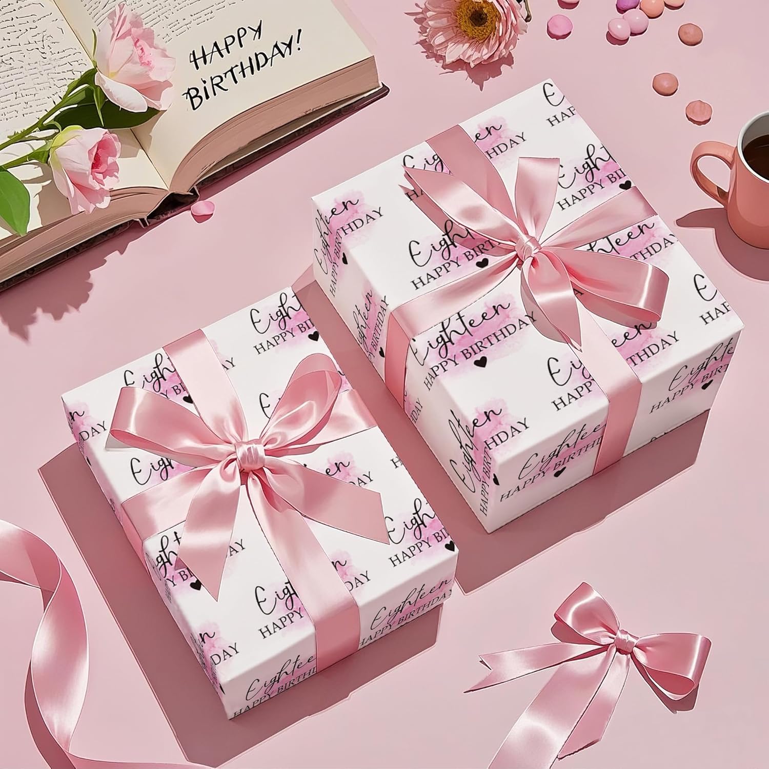 18Th Birthday Wrapping Paper Sheet - 6 Sheets Blusher And Eighteen Happy Birthday Design Folded Flat For Girl Bday, Party - 19.7 Inch X 27.5 Inch Per Sheet