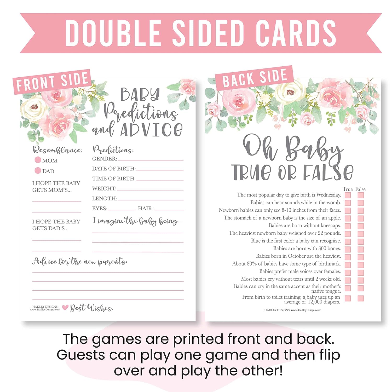 Baby Shower Games For 25 Guests - Pink Floral Baby Predictions & Advice Cards For New Parents, Trivia Game, Word Scramble, True Or False Babyshower Games For Girl, Made In Usa