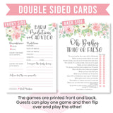 Baby Shower Games For 25 Guests - Pink Floral Baby Predictions & Advice Cards For New Parents, Trivia Game, Word Scramble, True Or False Babyshower Games For Girl, Made In Usa