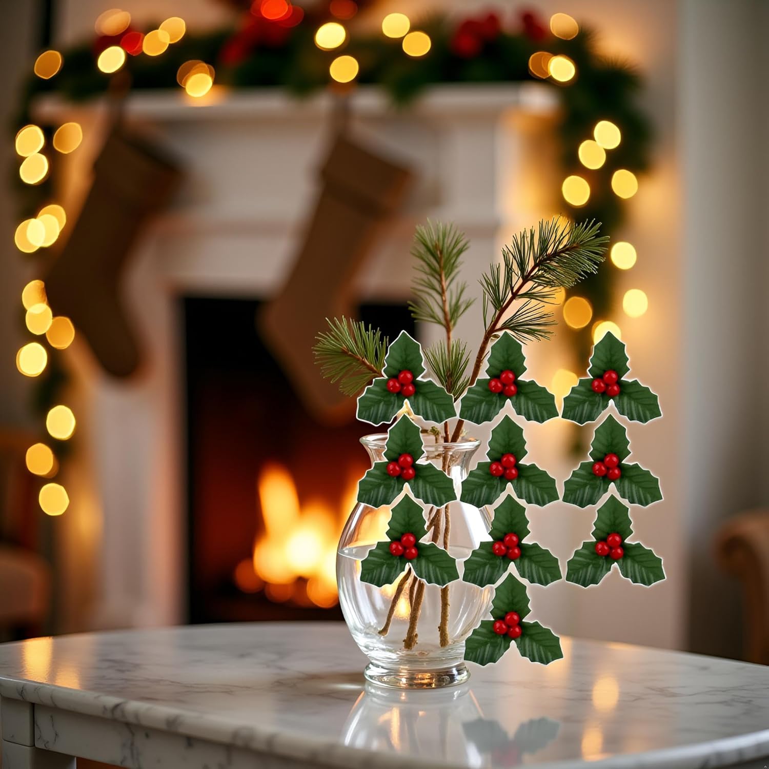 10Pcs Christmas Holly Berries Faux Berry Flowers With Leaves Xmas Berry Picks Wreath Branches Christmas Vase Fillers, Artificial Flowers