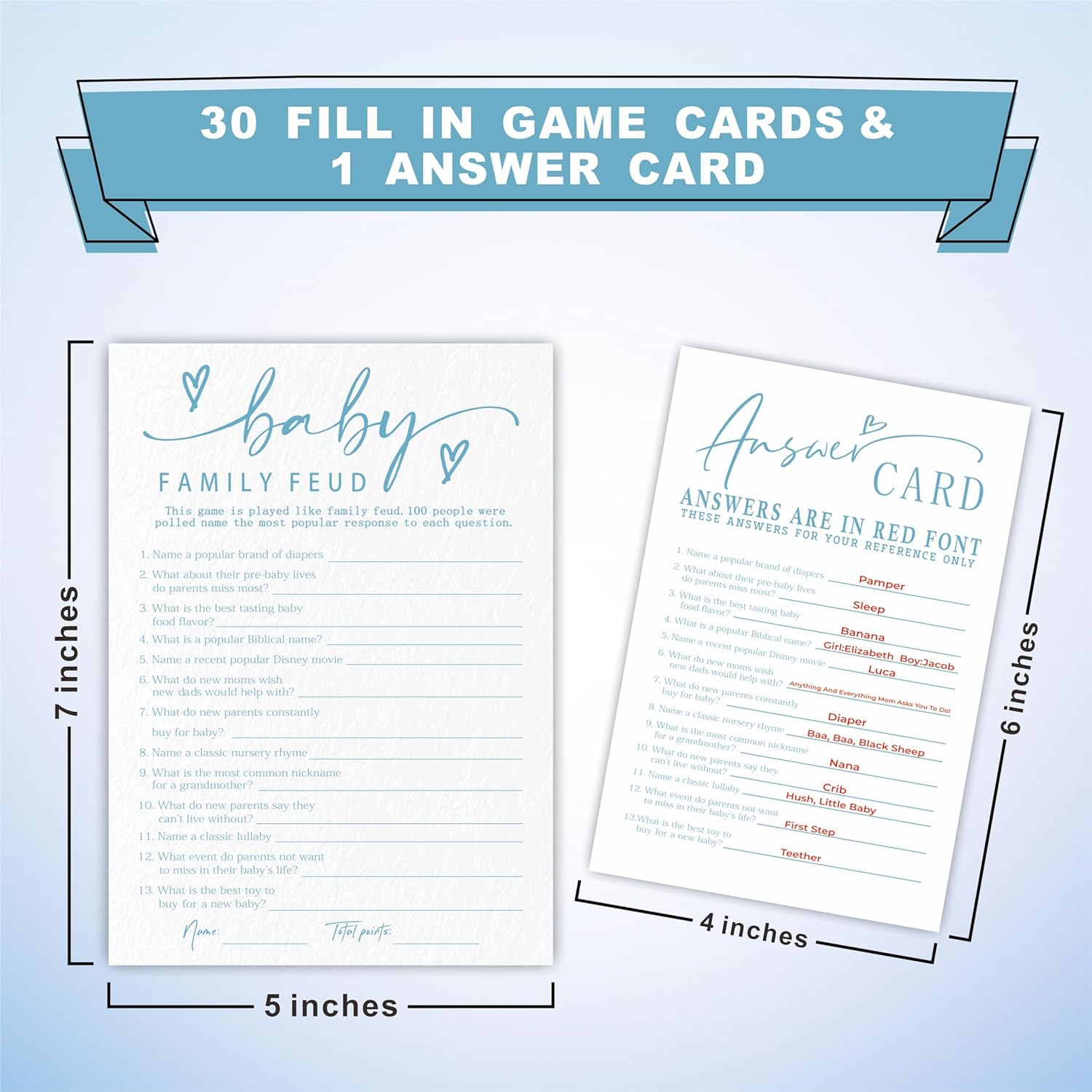 Baby Family Feud Game Set For Baby Shower - Minimalism White & Blue - 30 Double-Sided Fill In Style Game Cards With Answer Cards, Gender Reveal, Announcement, Party Favor & Supplies - A04