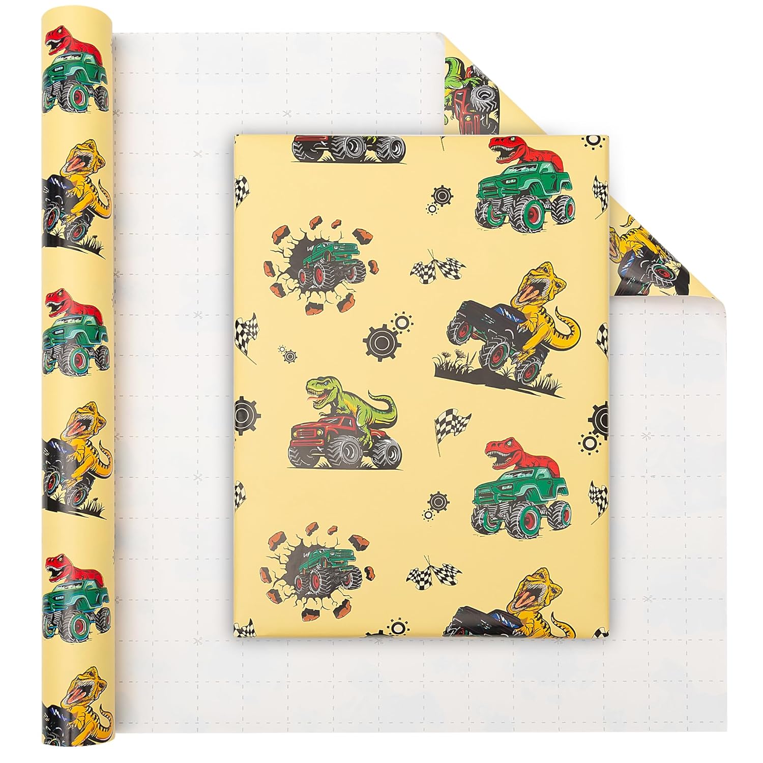 Boys Birthday Wrapping Paper Roll With Cutlines On Back - 17 Inches X 32.8 Feet - Dinosaur Monster Truck Design For Kids Birthday Baby Shower Holiday (1 Roll)