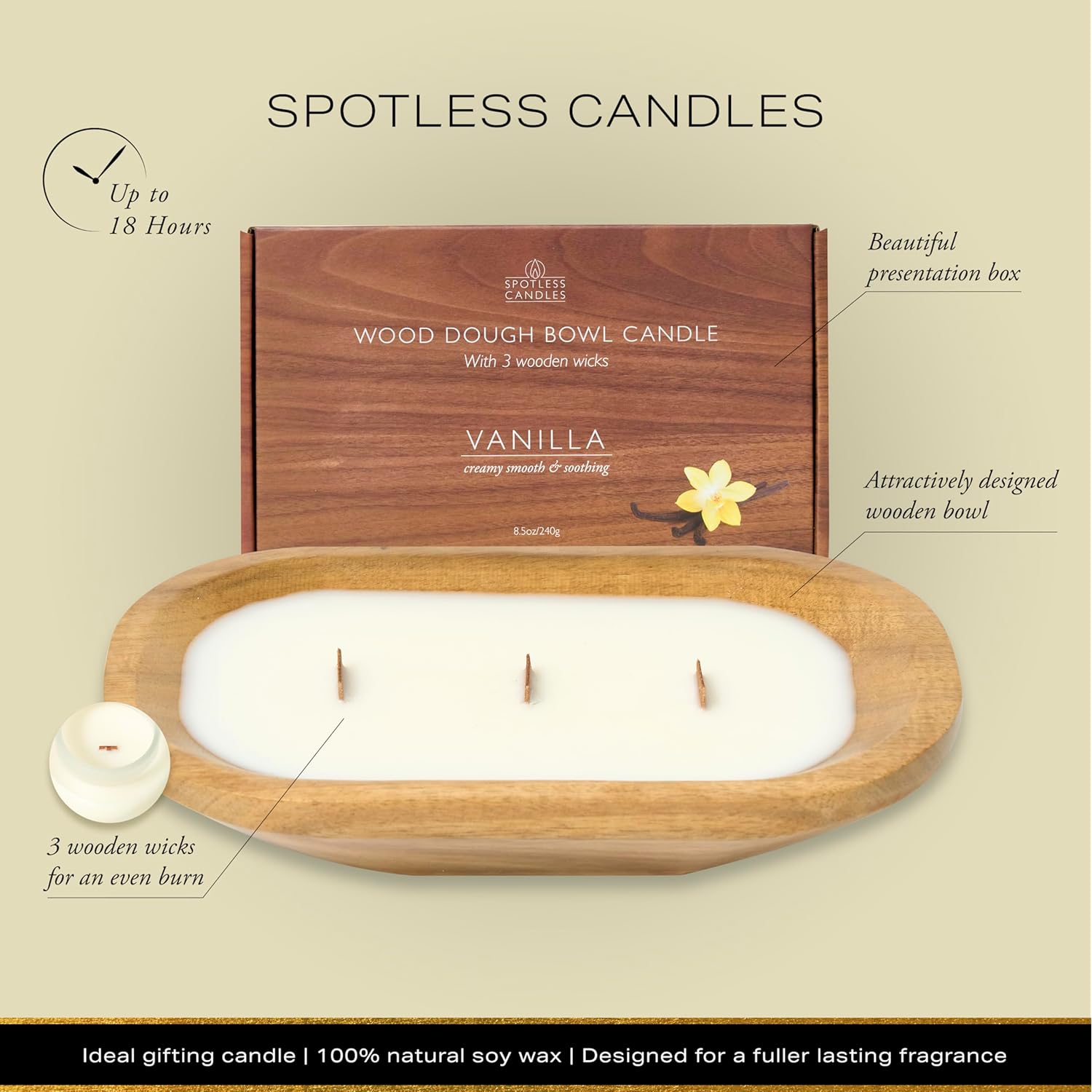 Pure Vanilla Bowl Candle - Wooden Dough Bowl Candle With Three Wooden Wicks - 620G (1.36 Lbs) - Relaxing Cozy Vanilla Scent