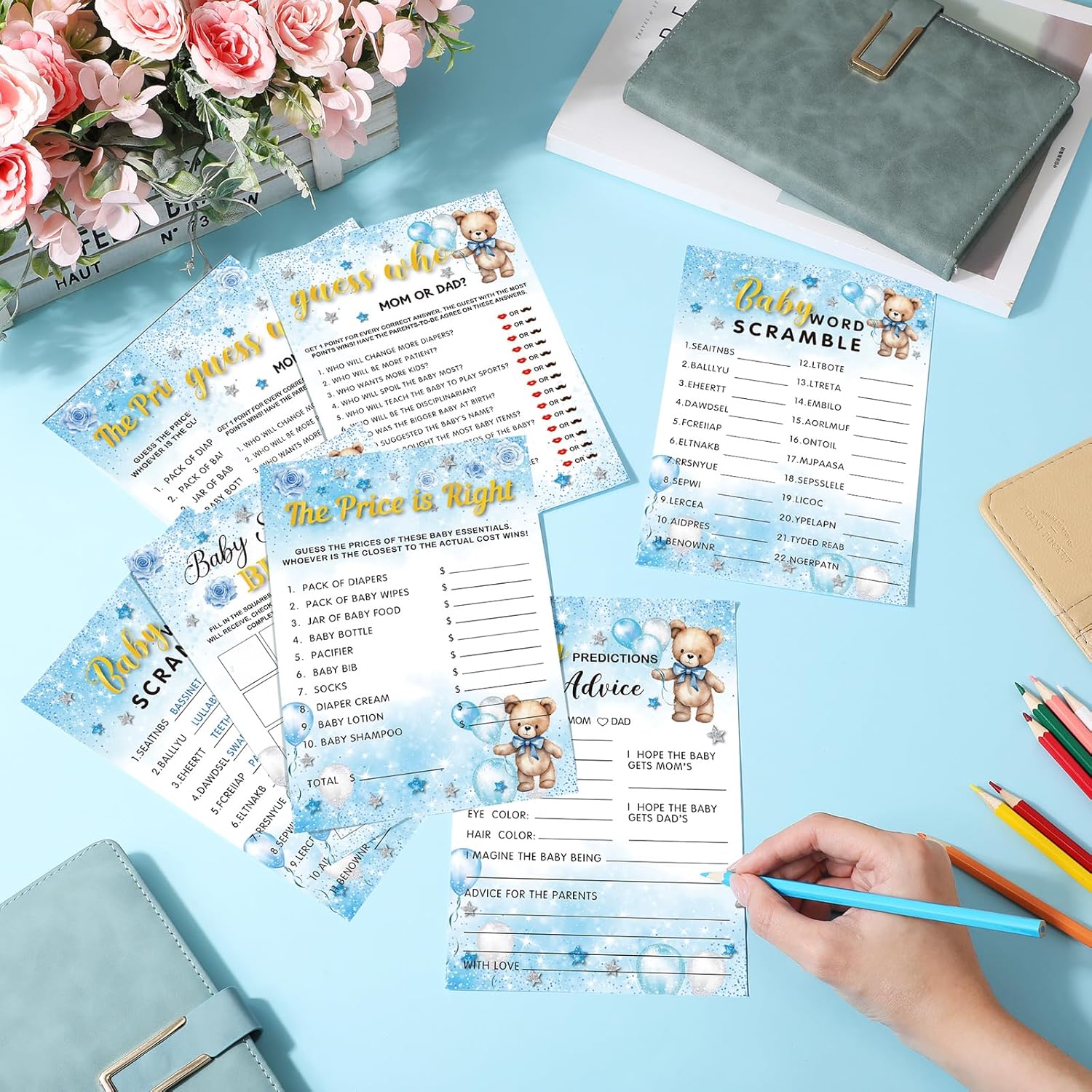 302 Pcs Bear Baby Shower Games Set 6 Games Include Baby Shower Word Scramble Word Search Predictions And Advice The Price Is Right Guess Mom Or Dad(Blue Bear)