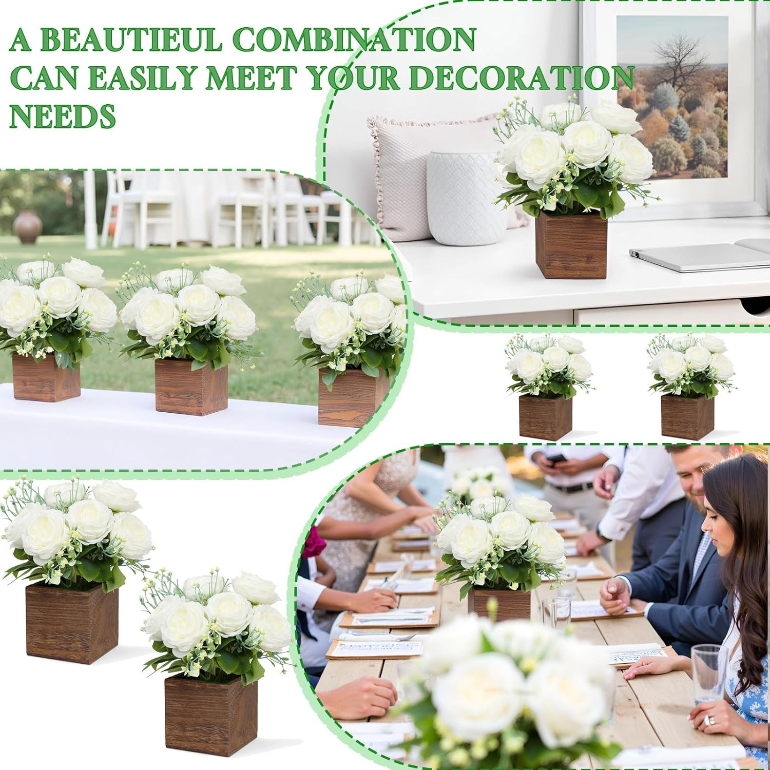 Dining Table Centerpiece Set Of 4 - Artificial Peony Flowers With Wooden Vase - Boho Fake Rose Bouquets Small Faux Silk Floral Arrangement For Wedding Party Bathroom Home Décor, White