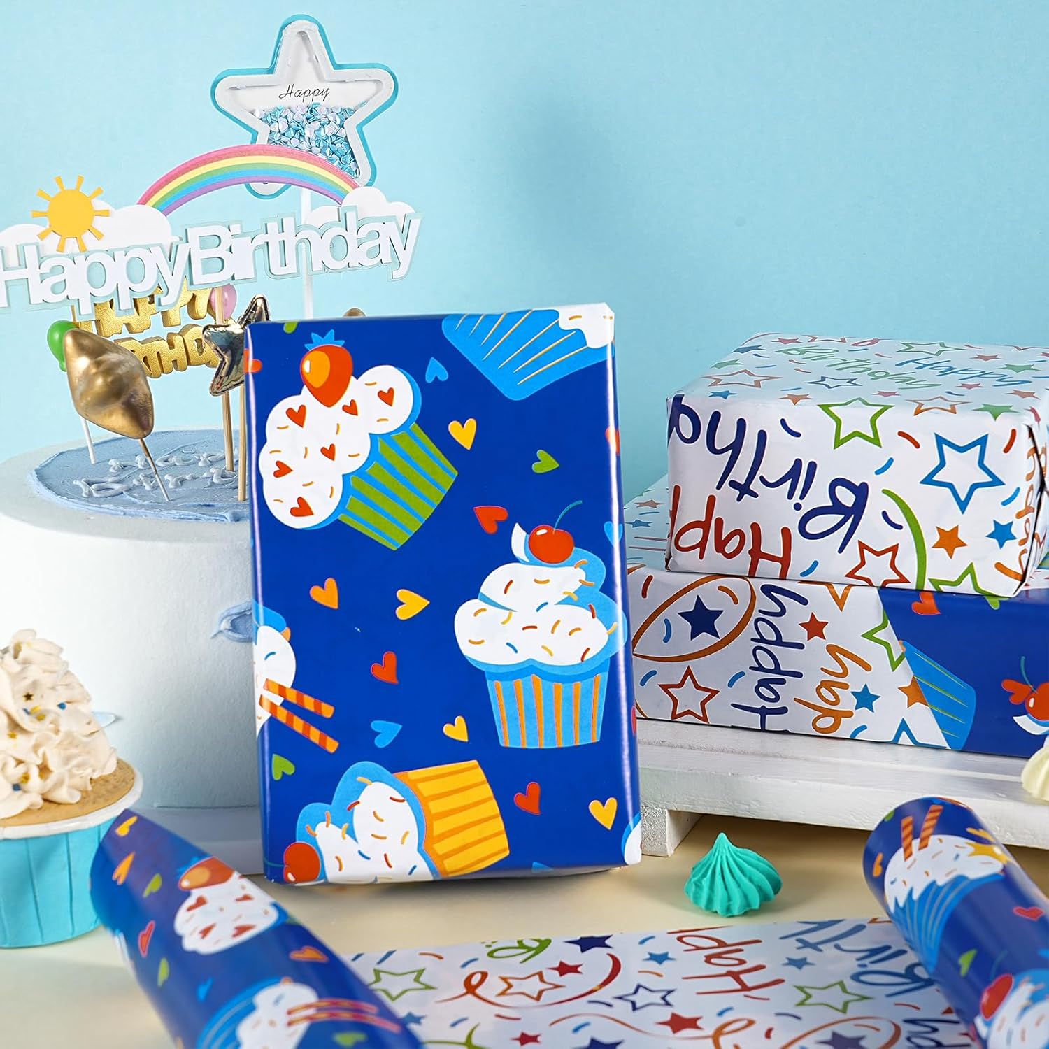Reversible Birthday Wrapping Paper Roll, Mini Roll, Blue Cupcake Design And Colorful Happy Text With Stars, Colorful Adorable Gift Wrap For Boys Girls Birthday Party, 17 Inches X 16.4 Feet