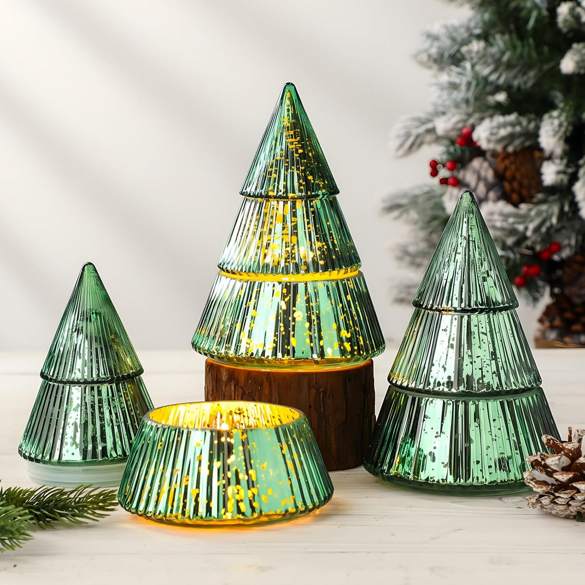 3 Pcs 10 Oz Christmas Tree Glass Candle Jars Mercury Glass Tree Decorative Xmas Empty Green Containers Bulk Refillable Storage For Christmas Holiday Candle Making Tea Biscuits Party Favors