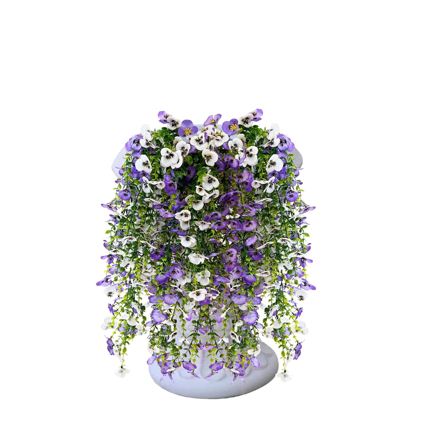 Artificial Fake Pansy Flower Plants With Greenery For Outdoor Outside Decoration, 30-Inch Faux Silk Uv Resistant Long Trailing Vine For Front Door Porch Planter Urn Patio Balcony(4 Pcs, Purple, White)