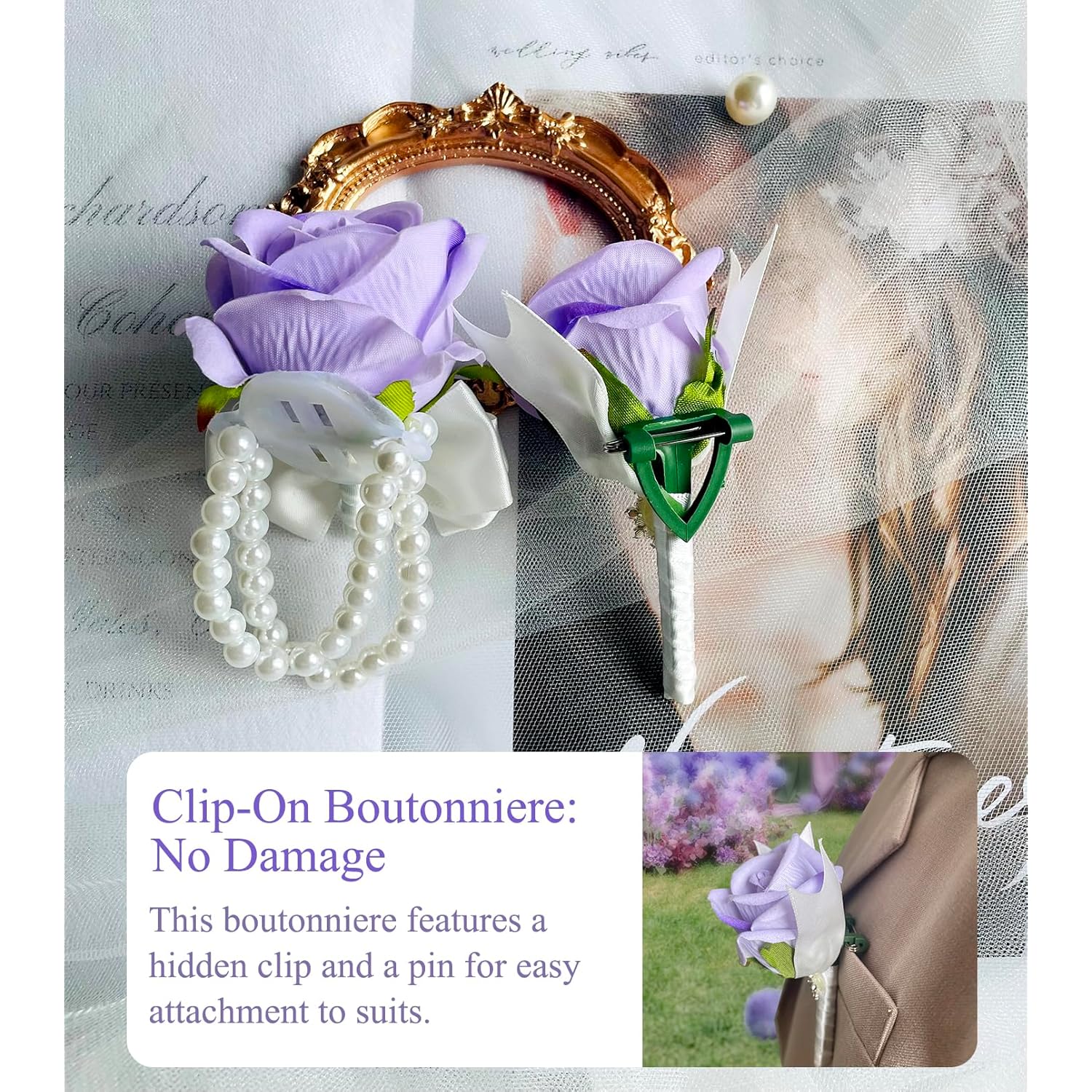 Purple Corsage And Boutonniere Set For Wedding Prom Artificial Flower Corsage Wristlet With Double Pearl Tie Boutonniere For Men Suit Decorations Bridesmaids Groom Groomsmen Bridal Shower