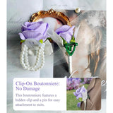 Purple Corsage And Boutonniere Set For Wedding Prom Artificial Flower Corsage Wristlet With Double Pearl Tie Boutonniere For Men Suit Decorations Bridesmaids Groom Groomsmen Bridal Shower