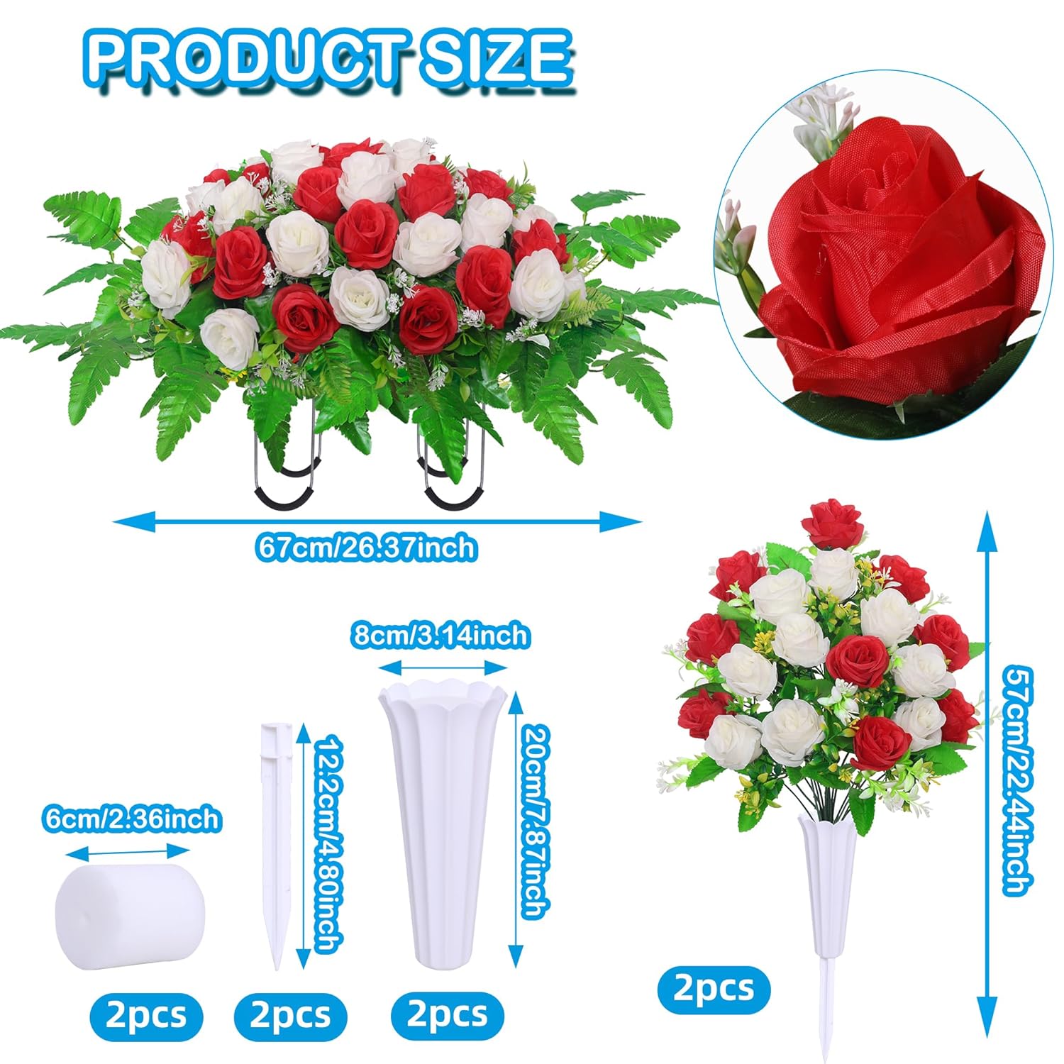 Headstone Flower Saddle,Cemetery Memorial Flowers With Vase For Grave Tombstone Decorations,Artificial Rose Bouquet Grave Memorial Day Flowers For Cemetery (Red White)