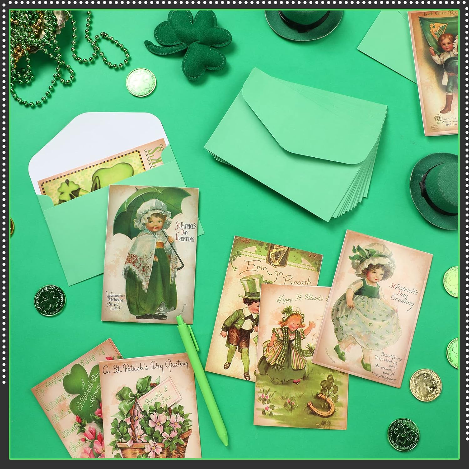 24 Set St Patrick'S Day Cards With Envelopes Vintage Green St Patrick'S Day Shamrock Greeting Cards Retro Clover Irish Cards For Party Classroom Home Office Business (Cute Style)