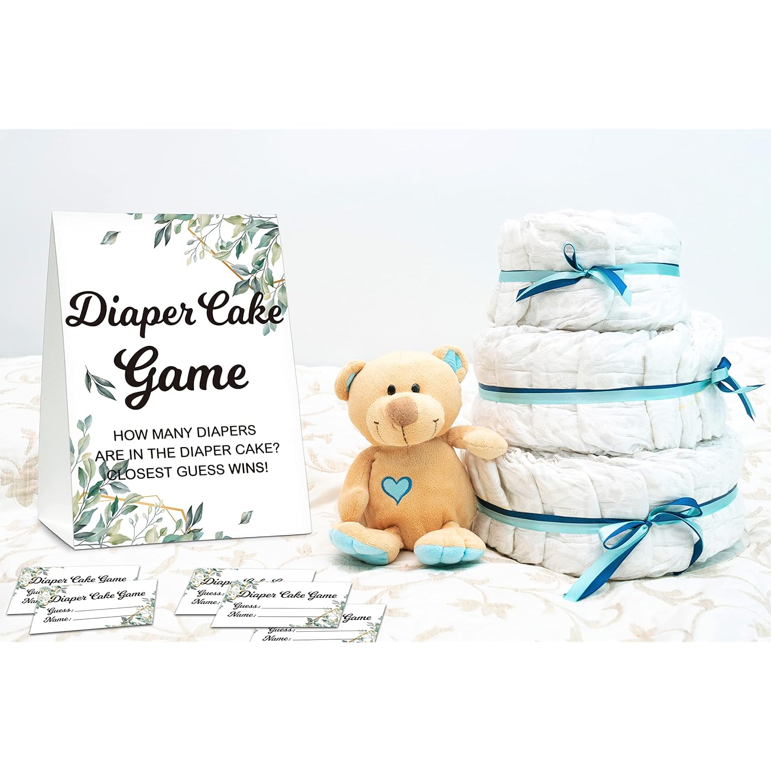 Baby Shower Game Set, Diaper Cake Games(1 Standing Sign + 50 Find Cards), Neutral Greenery Find How Many Diapers Party Game, Eucalyptus Gender Reveal Party Favor Decor(A01)